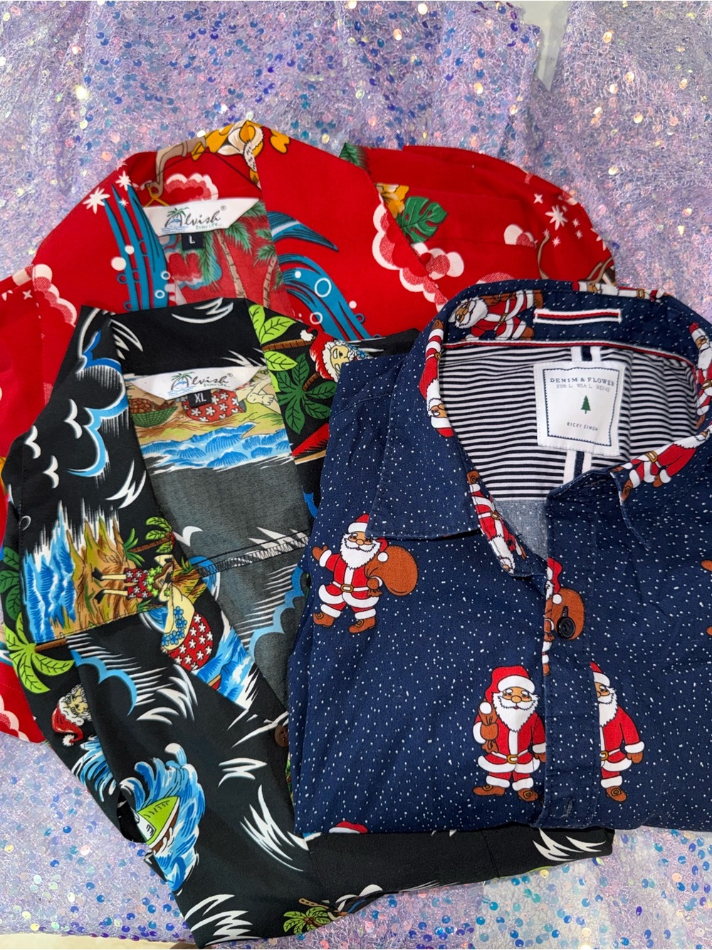 1369-ALOHAS Navy Santa Print Button-Down Shirt-3 Lot